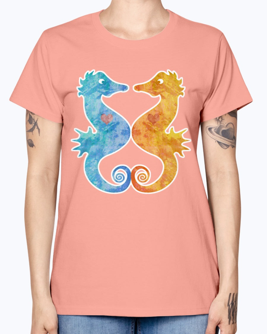 Gildan Ladies Missy T-Shirt. Seahorses in Love