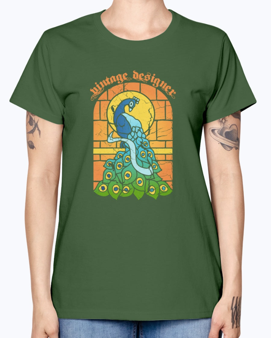 Gildan Ladies Missy T-Shirt 16 colors Vintage Peacock Stained Glass Window