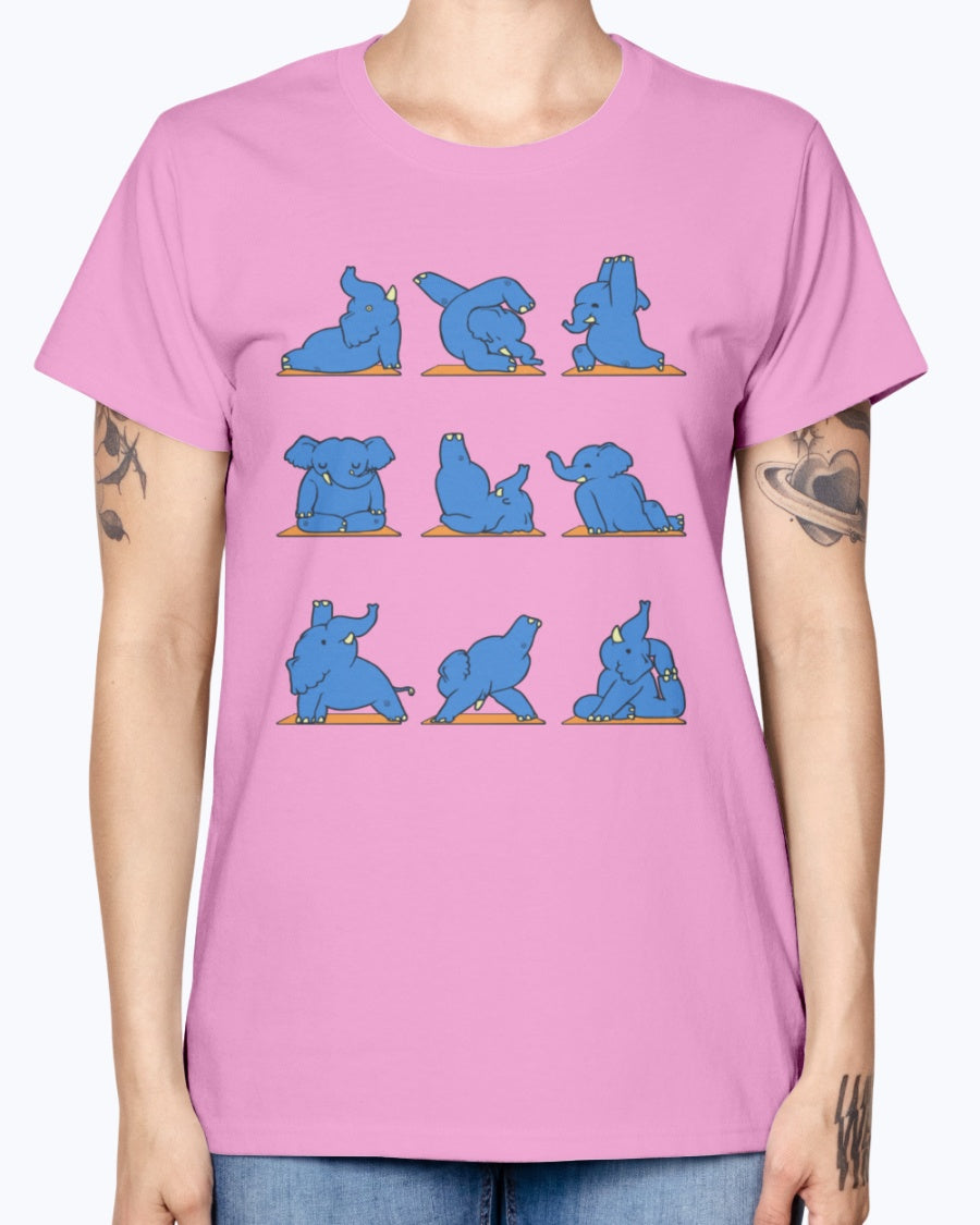 Gildan Ladies Missy T-Shirt. Funny Elephant Yoga