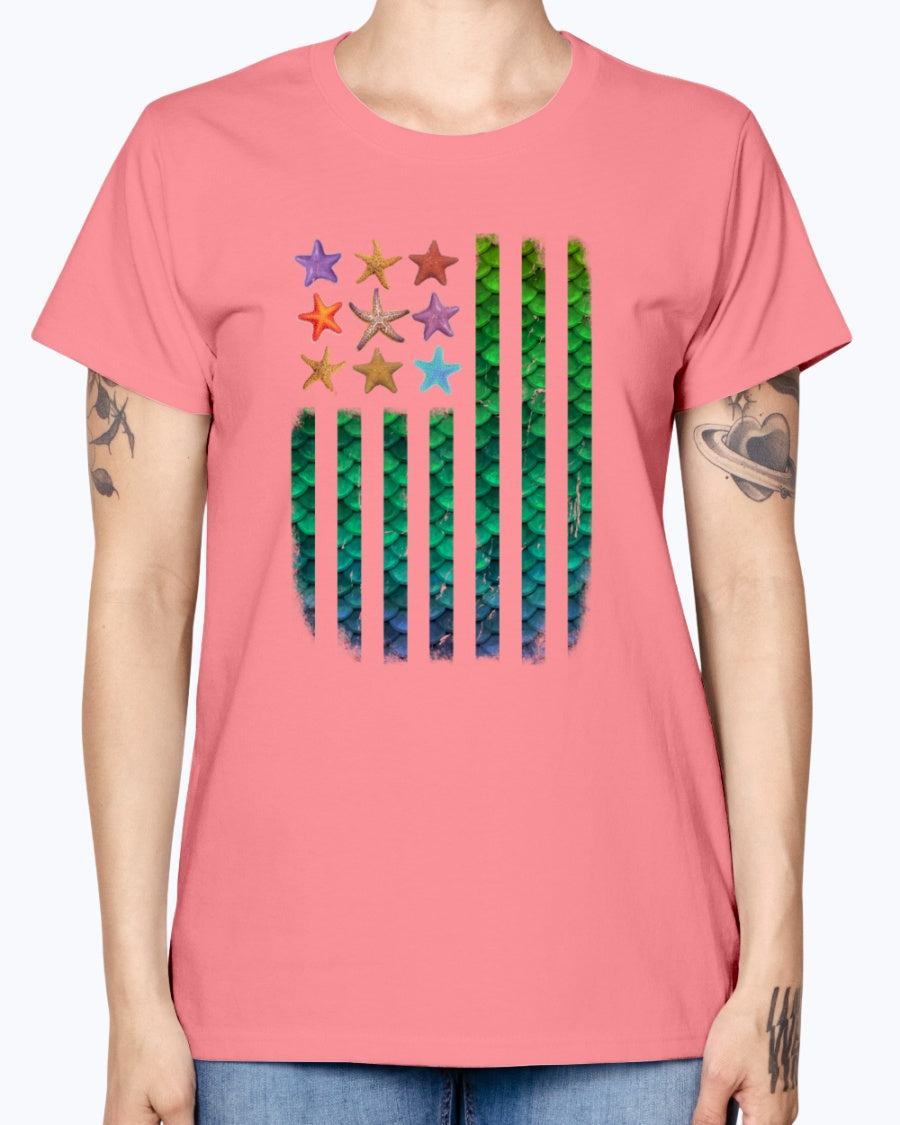 Gildan Ladies Missy T-Shirt. American Mermaid Flag Starfish