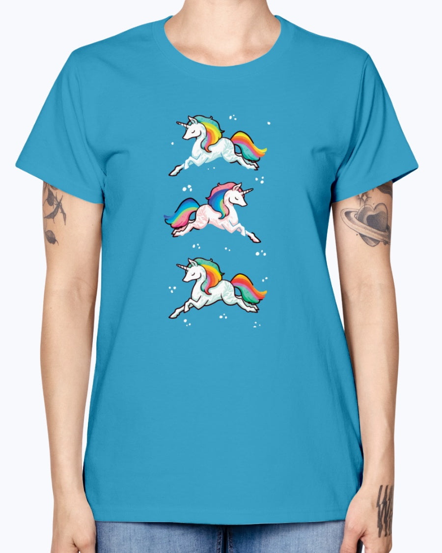 Gildan Ladies Missy T-Shirt. Unicorn rainbow cute