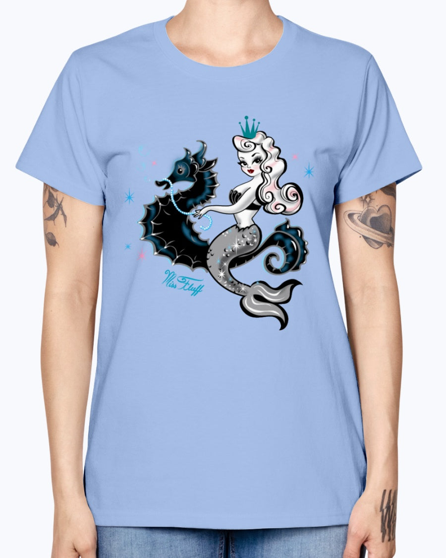 Gildan Ladies Missy T-Shirt. Mermaid Riding A Seahorse
