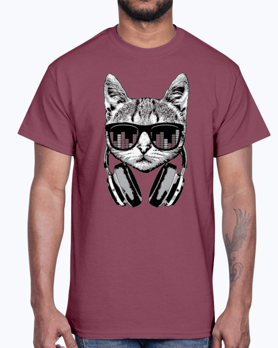Men's Gildan Ultra Cotton T-Shirt Headphones Cat Equalizer Glasses (Mens)