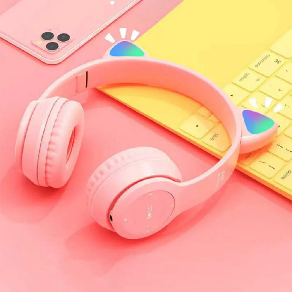 Gaming Headset Cat Ear Bluetooth-Compatible 5.0 Gaming Earphone Wired Headset Stereo Bass Music Earbud for Kids Girls Gift