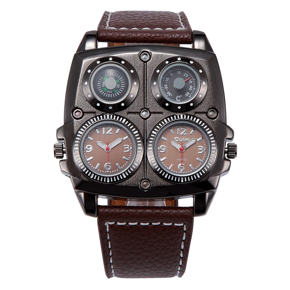 Oulm  Two Time Zone, Compass,Thermometer Watch