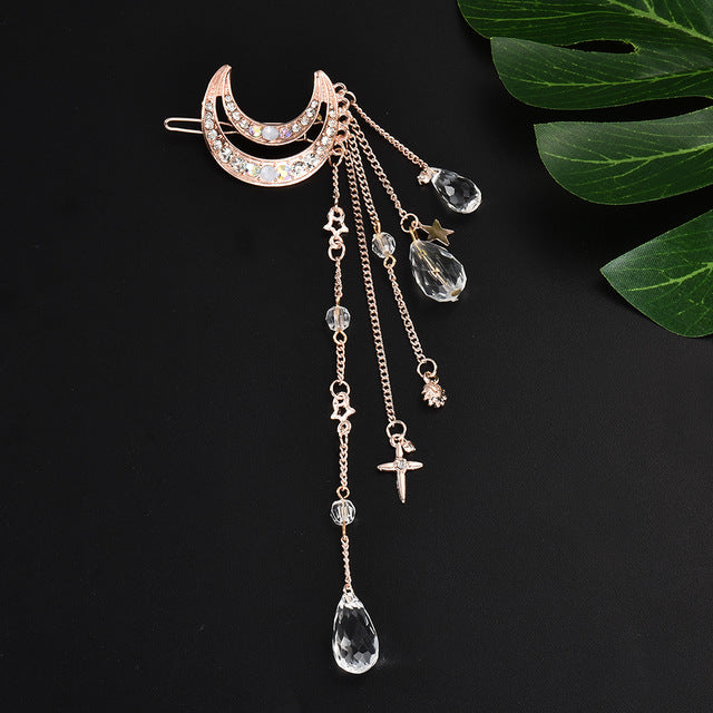 Fashion Elegant Women Lady Moon Rhinestone Crystal Tassel with Long Chain Beads Dangle Hairpin