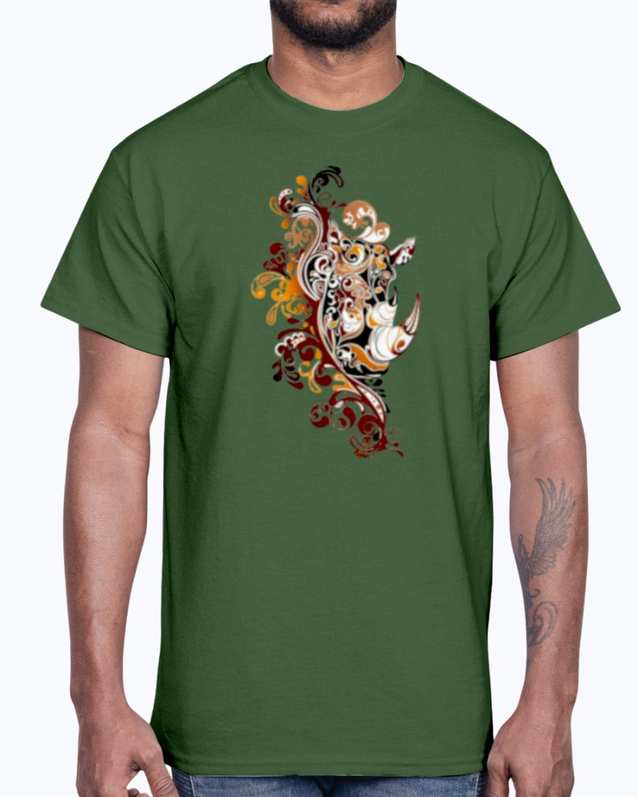 Men's Gildan Ultra Cotton T-Shirt 12 Dark colors.   Dust Rhinos Orange Knotwork