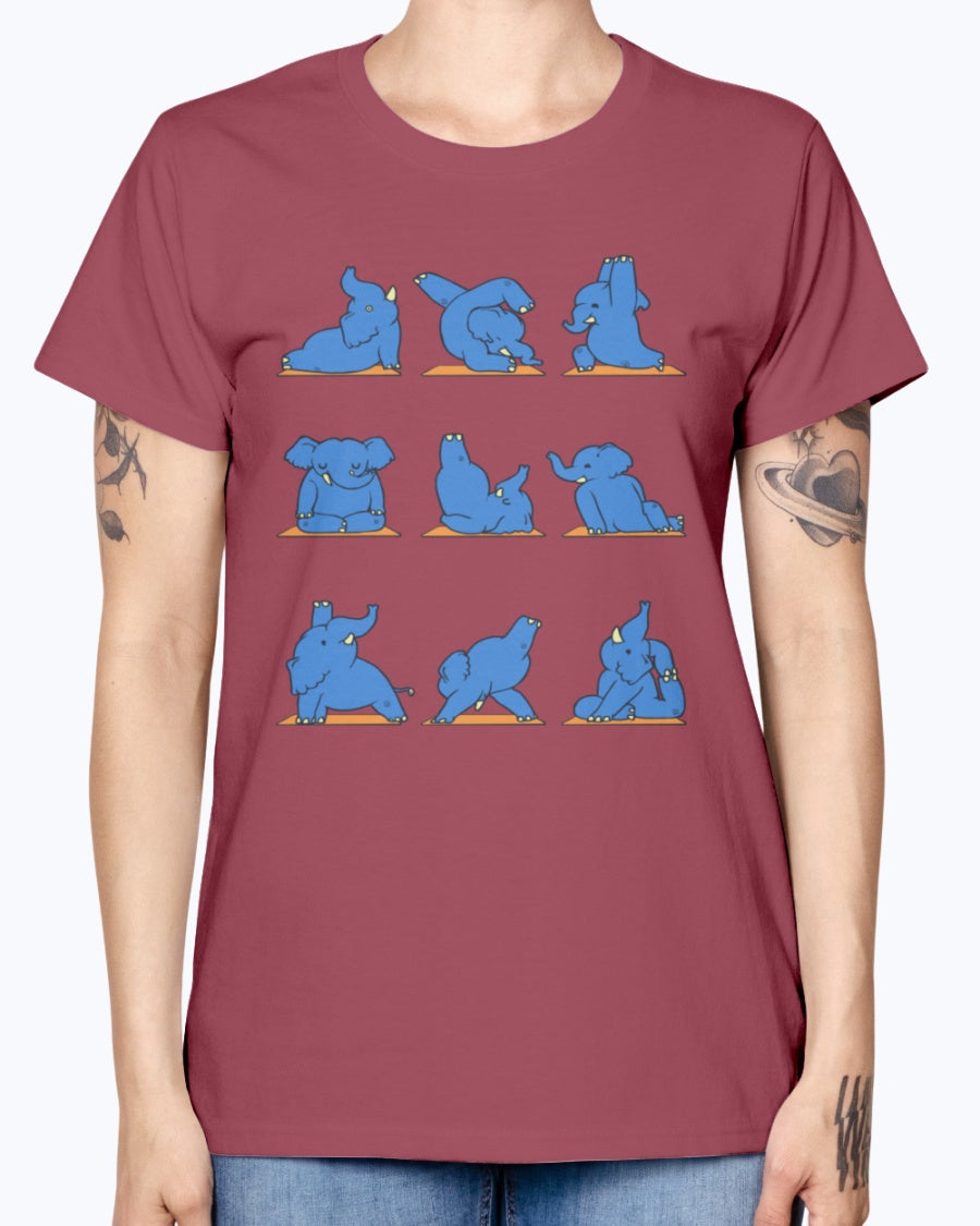 Gildan Ladies Missy T-Shirt.  Funny Elephant Yoga