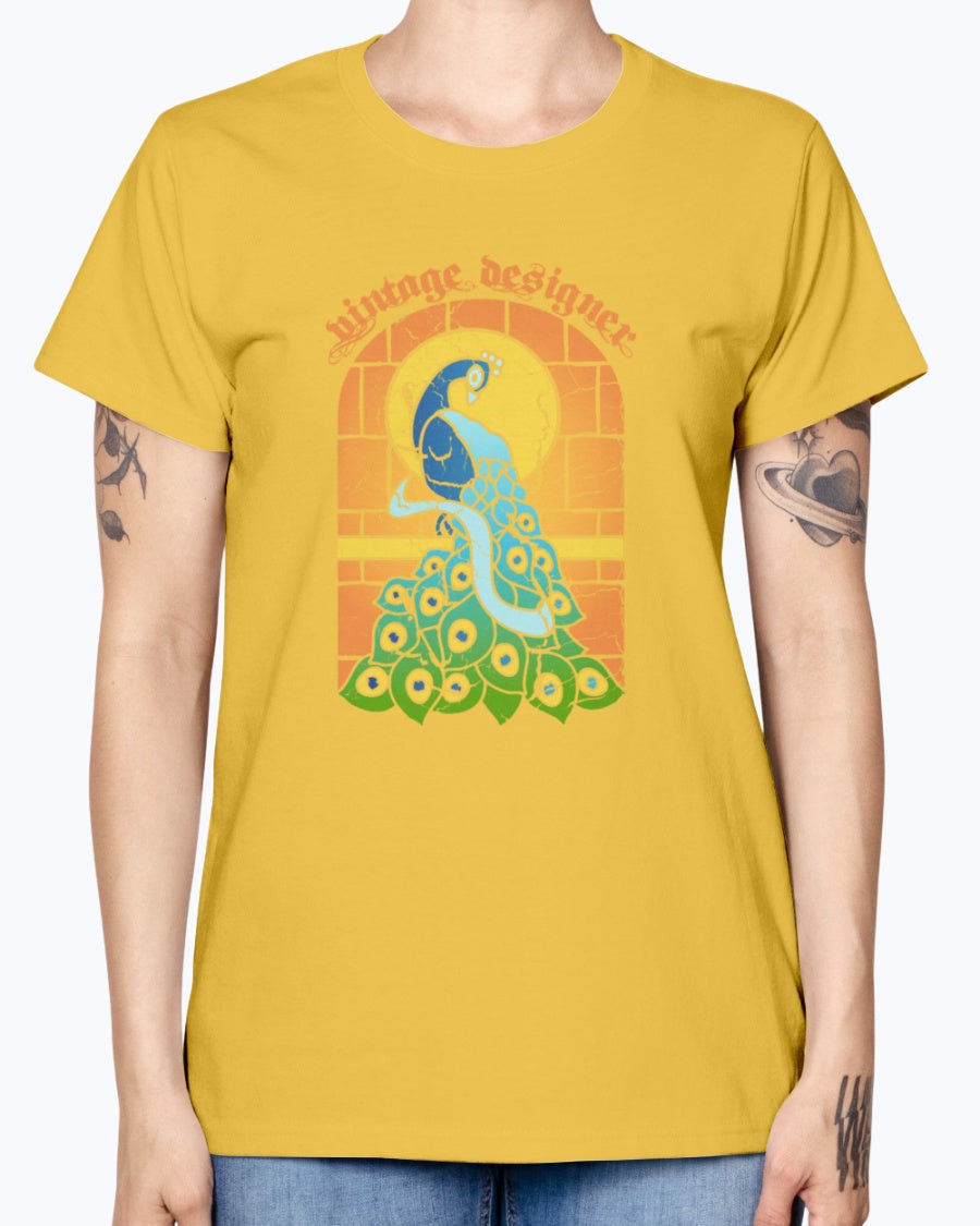 Gildan Ladies Missy T-Shirt 16 colors    Vintage Peacock Stained Glass Window