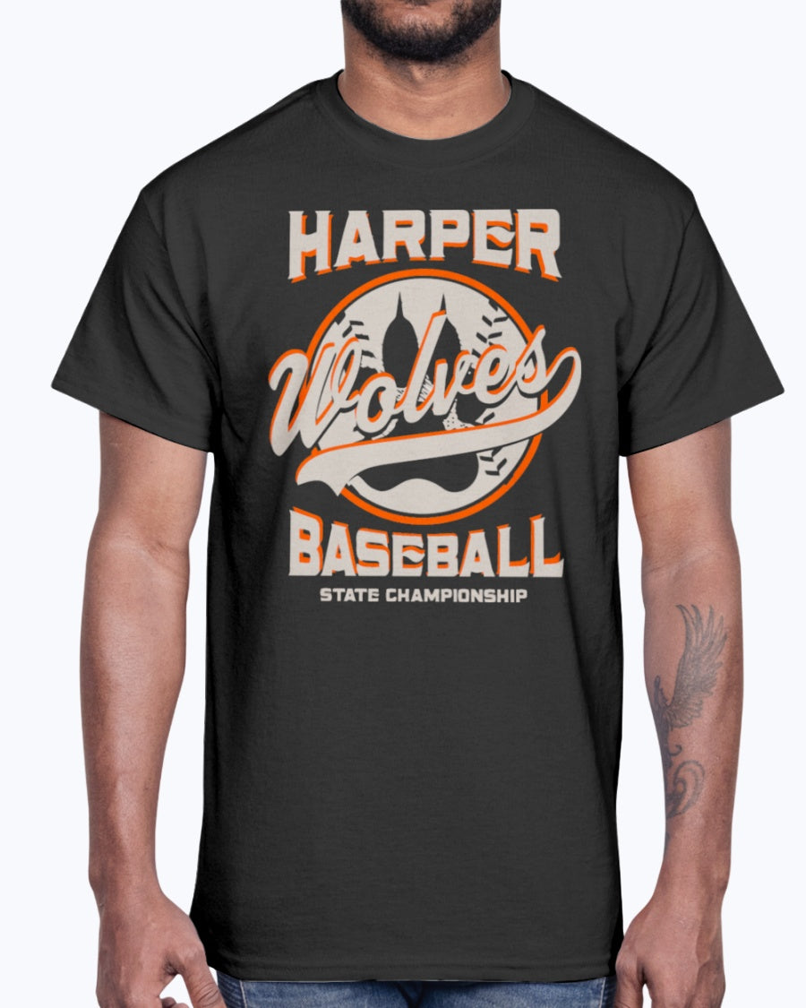 Men's Gildan Ultra Cotton T-Shirt 12 Dark colors. Harper Wolves Baseball State Championship
