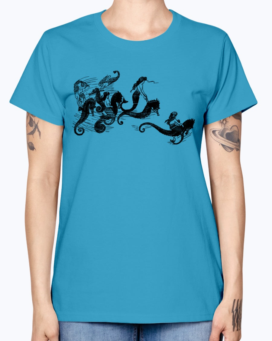 Gildan Ladies Missy T-Shirt   Mermaids and Seahorses