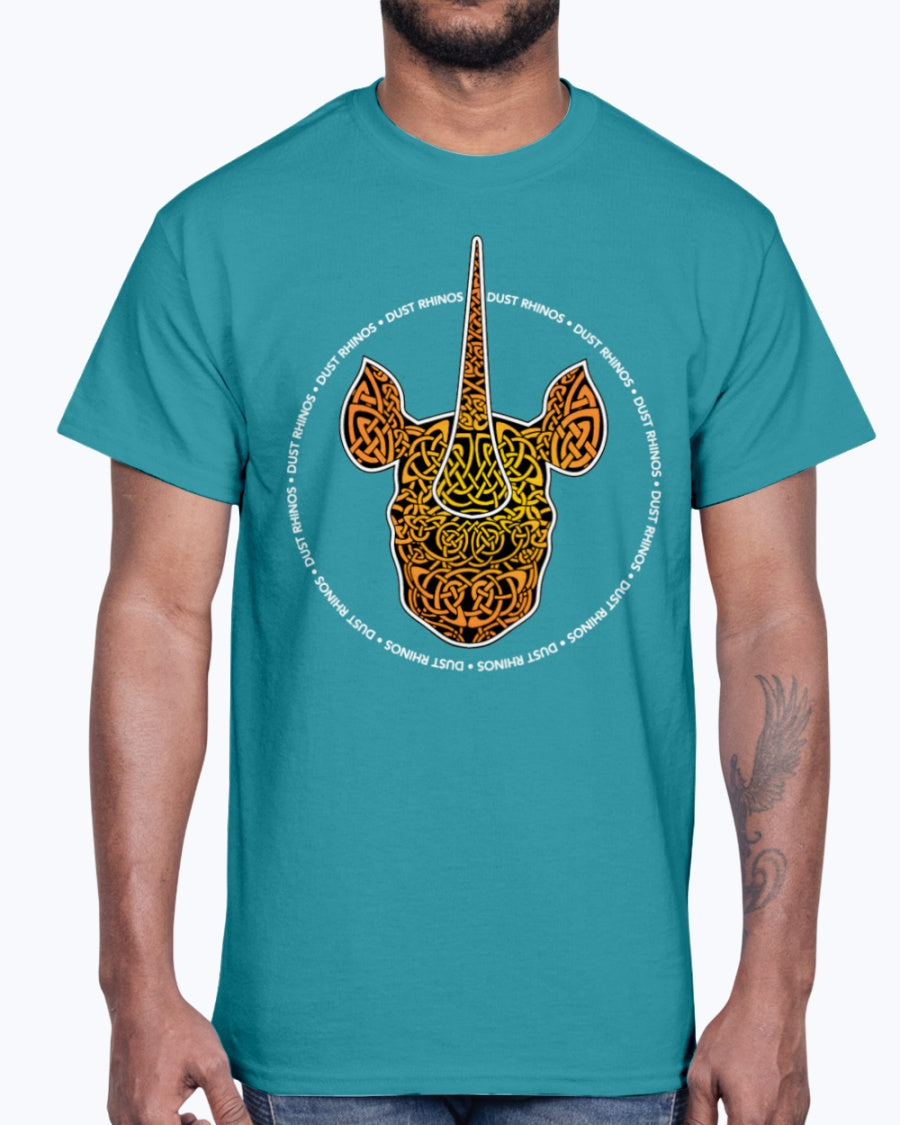Men's Gildan Ultra Cotton T-Shirt 12 Dark colors.   Dust Rhinos Orange Knotwork