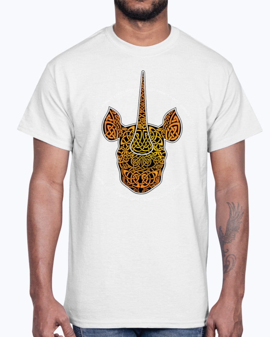 Men's Gildan Ultra Cotton T-Shirt 12 Dark colors.   Dust Rhinos Orange Knotwork