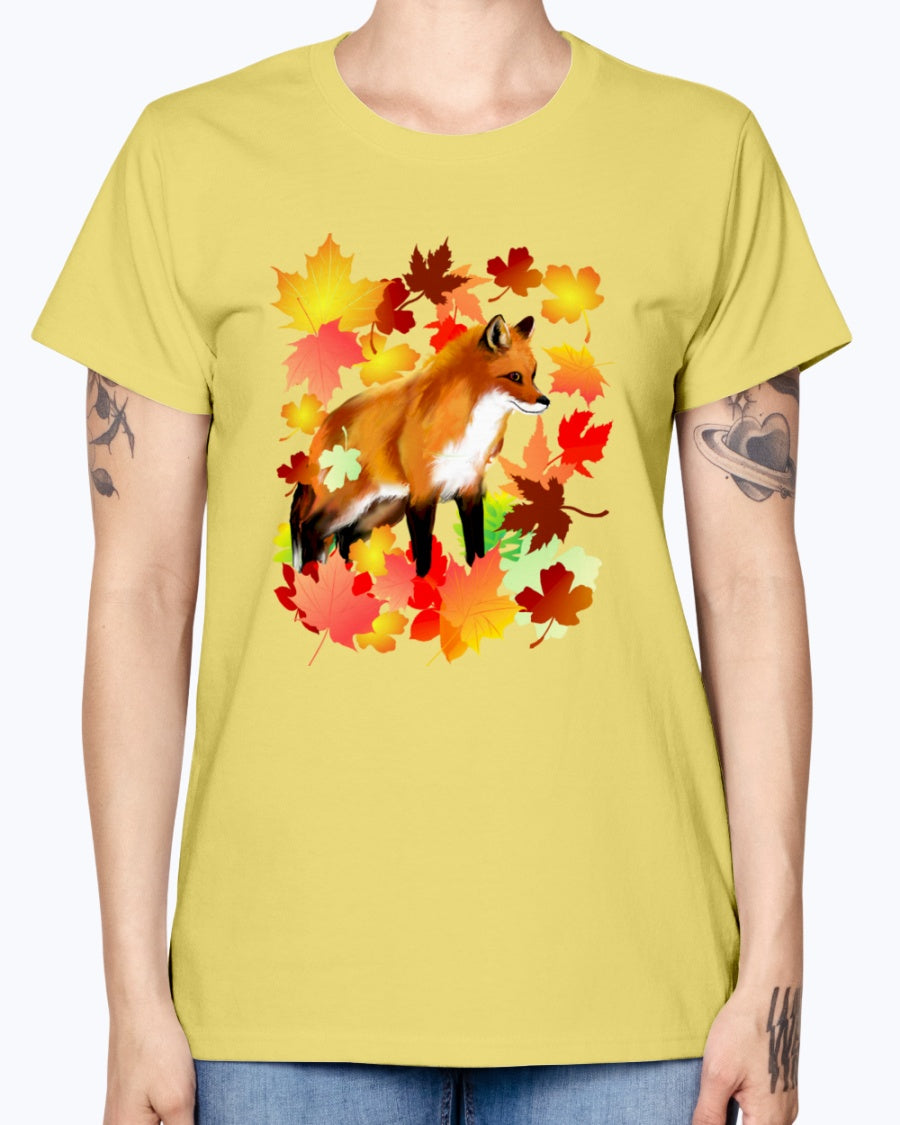 Gildan Ladies Missy T-Shirt 16 Light Colors       A FOX in FALL