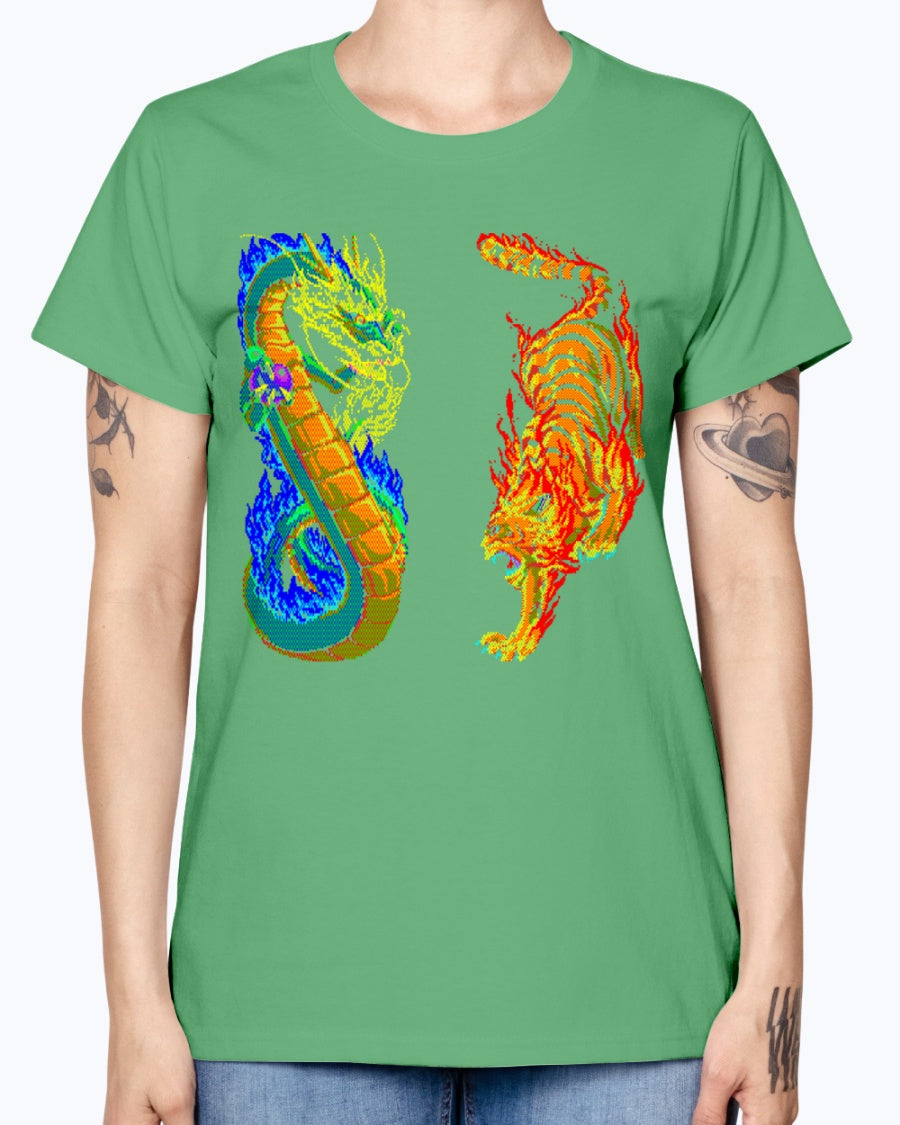 Gildan Ladies Missy T-Shirt 16 colors. Dragon vs Tiger