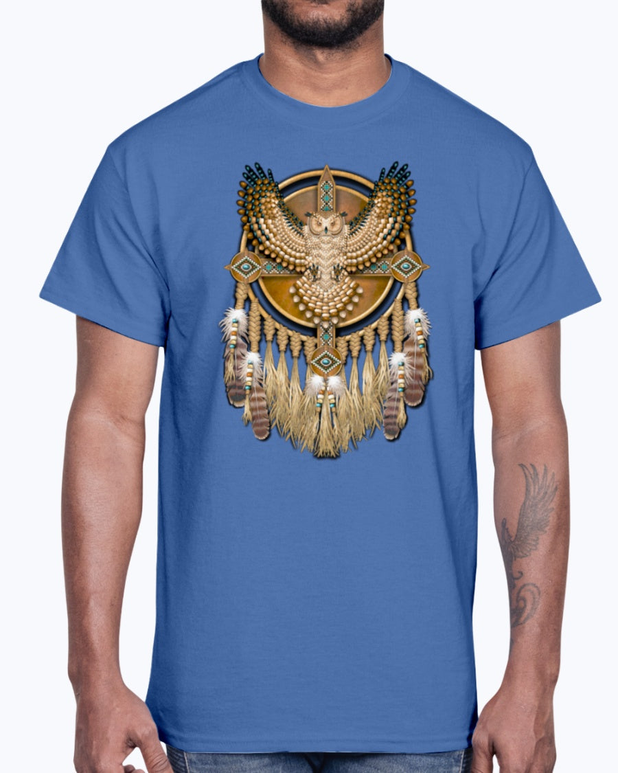 Men's Gildan Ultra Cotton T-Shirt 12 Dark colors. Beadwork Great Horned Owl Mandala