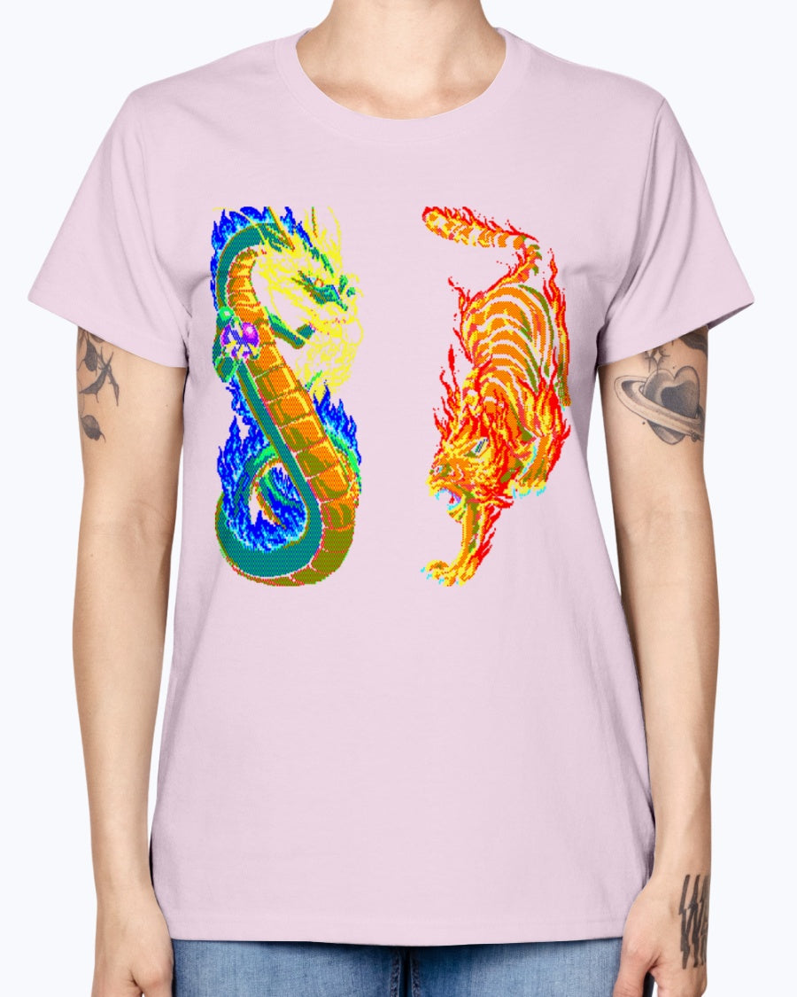 Gildan Ladies Missy T-Shirt 16 colors. Dragon vs Tiger