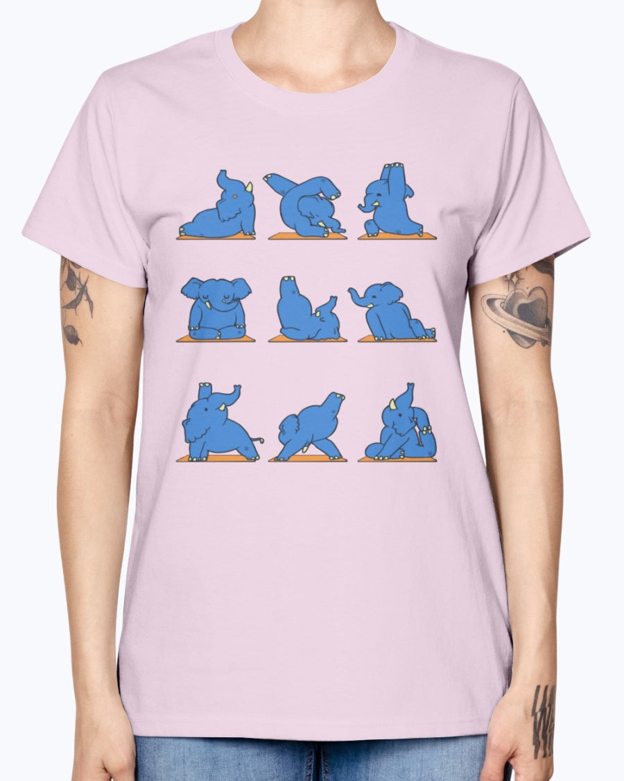 Gildan Ladies Missy T-Shirt.  Funny Elephant Yoga