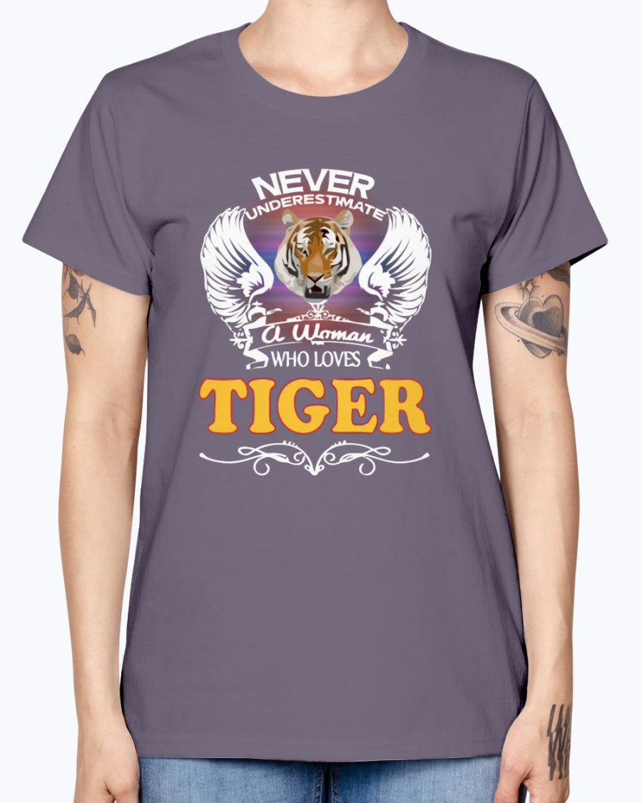 Gildan Ladies Missy T-Shirt 16 colors.  A Woman Who Love Tiger