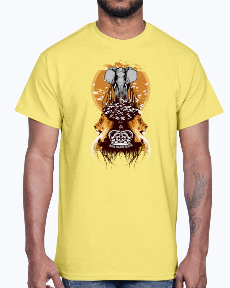 Men's Gildan Ultra Cotton T-Shirt Light coloros. White Elephant, Lions, and Birds Vintage Designer