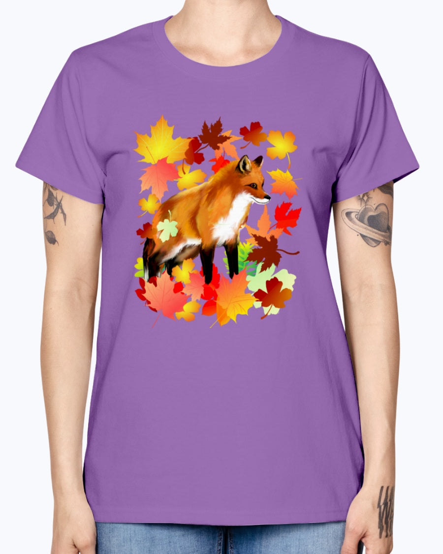 Gildan Ladies Missy T-Shirt 16 Light Colors       A FOX in FALL