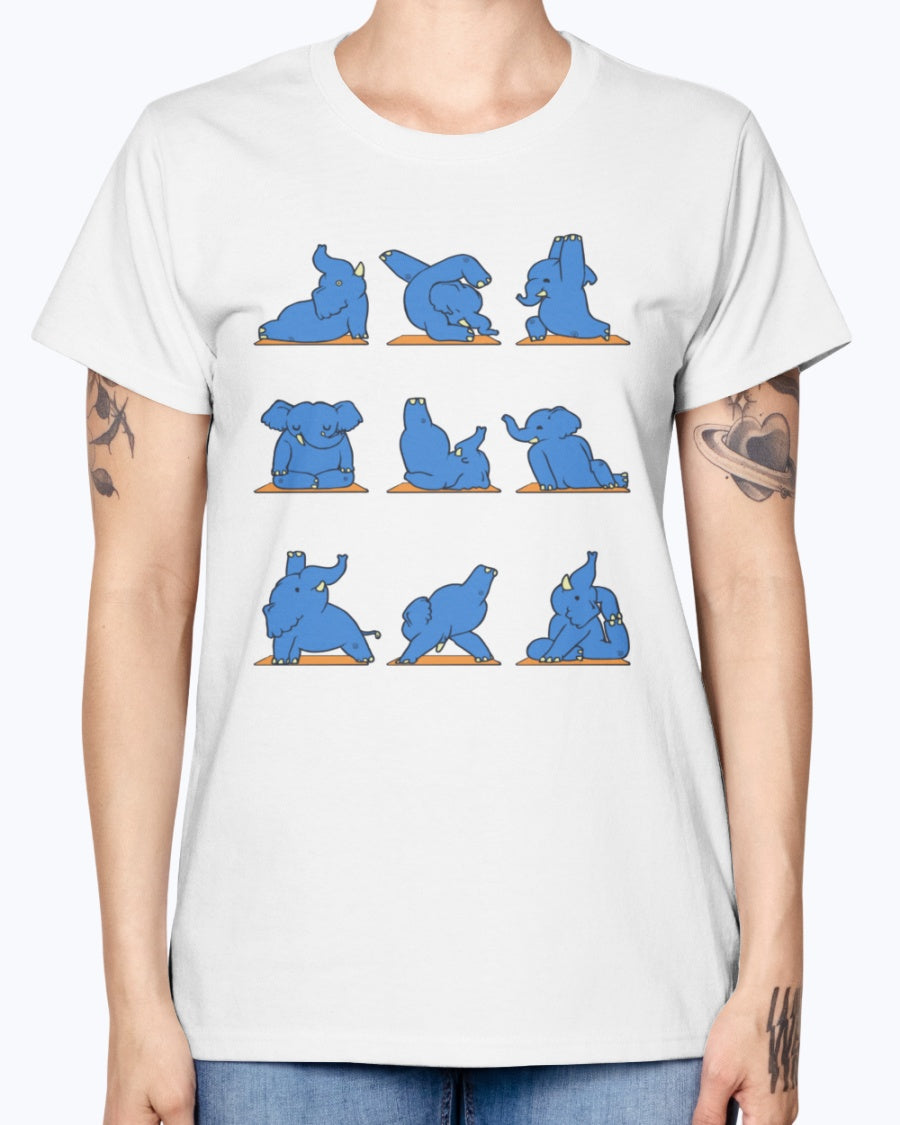 Gildan Ladies Missy T-Shirt.  Funny Elephant Yoga
