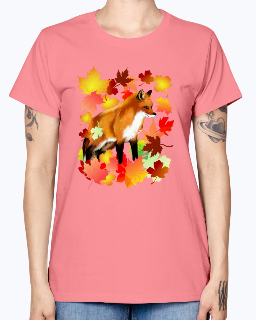 Gildan Ladies Missy T-Shirt 16 Light Colors       A FOX in FALL