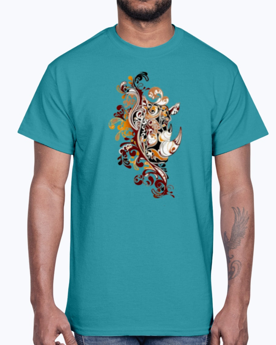 Men's Gildan Ultra Cotton T-Shirt 12 Dark colors.   Dust Rhinos Orange Knotwork