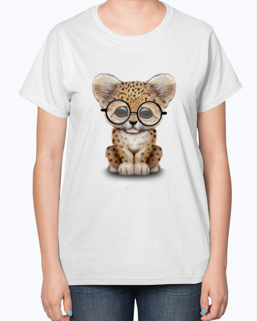 Gildan 2000L Ultra Cotton Ladies T-Shirt 13 colors Dark. Cute Baby Leopard Cub Wearing Glasses
