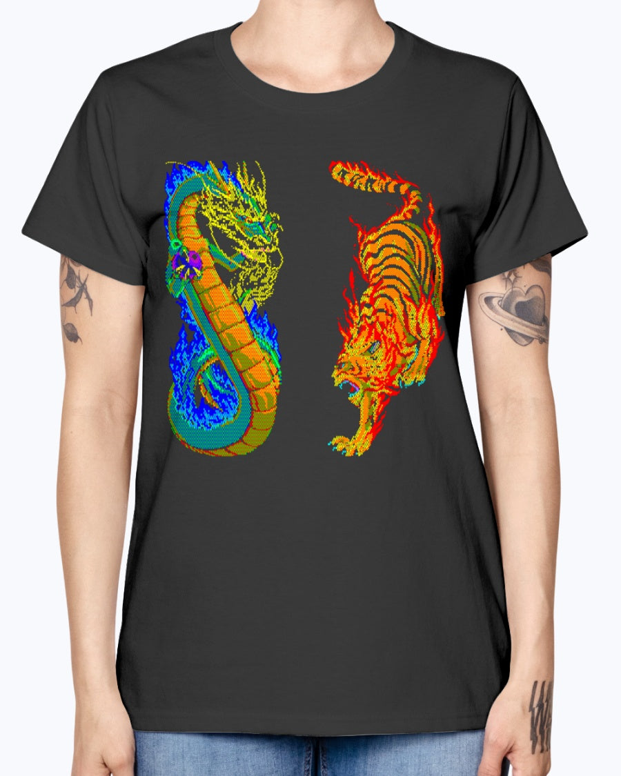 Gildan Ladies Missy T-Shirt 16 colors. Dragon vs Tiger
