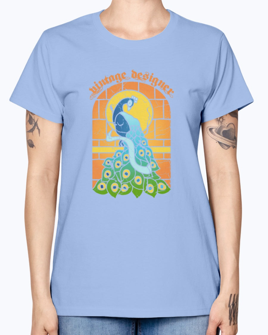 Gildan Ladies Missy T-Shirt 16 colors    Vintage Peacock Stained Glass Window