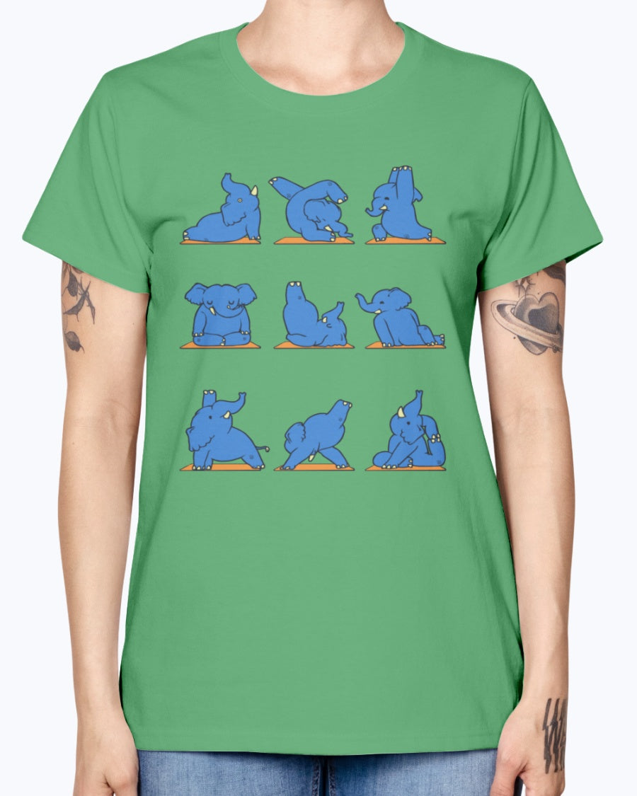 Gildan Ladies Missy T-Shirt.  Funny Elephant Yoga