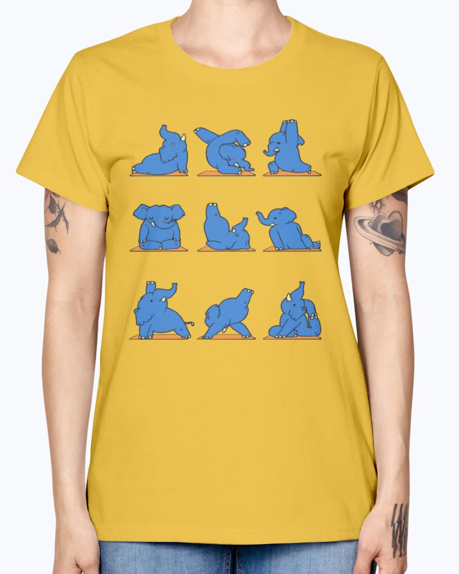 Gildan Ladies Missy T-Shirt.  Funny Elephant Yoga