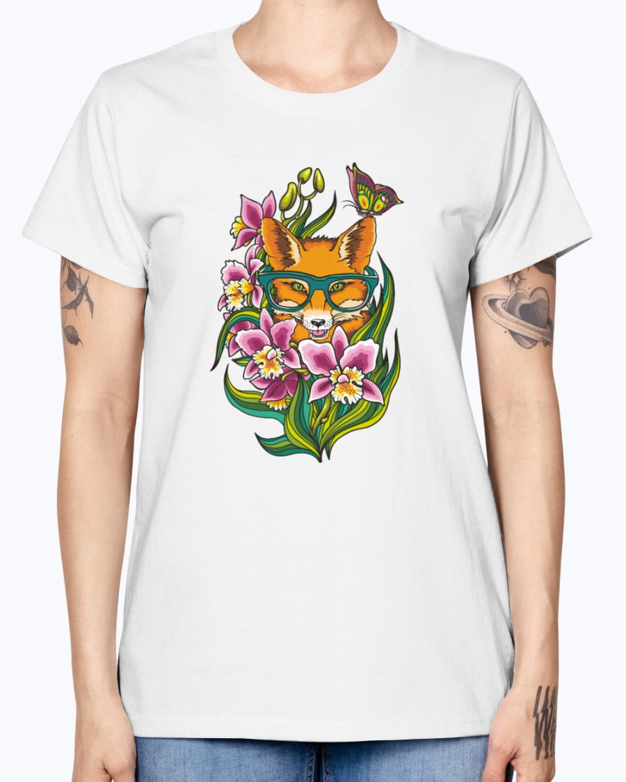 Gildan Ladies Missy T-Shirt 16 Light Colors       Fox in Glasses