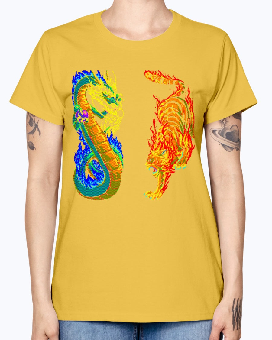 Gildan Ladies Missy T-Shirt 16 colors. Dragon vs Tiger
