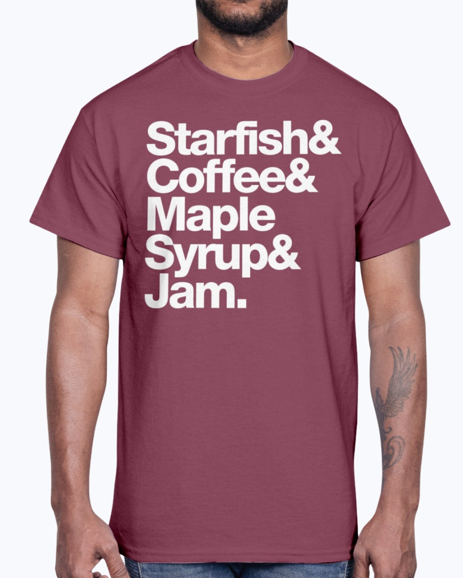 Men's Gildan Ultra Cotton T-Shirt . STARFISH COFFEE MAPLE SYRUP AND JAM
