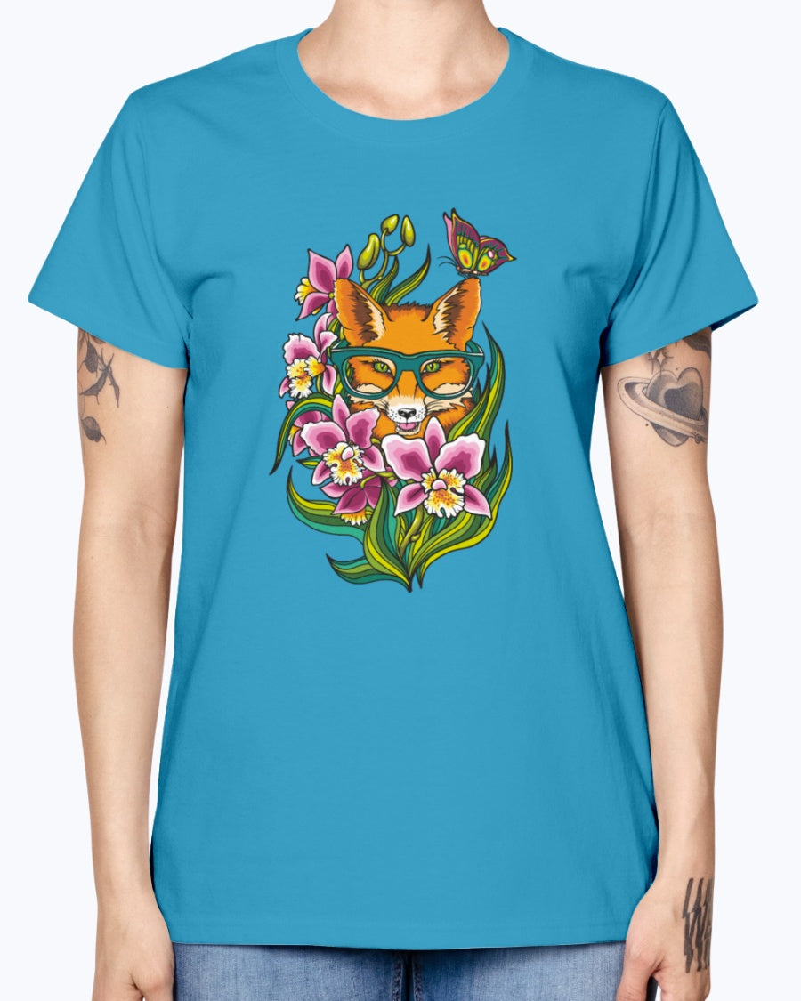 Gildan Ladies Missy T-Shirt 16 Light Colors       Fox in Glasses