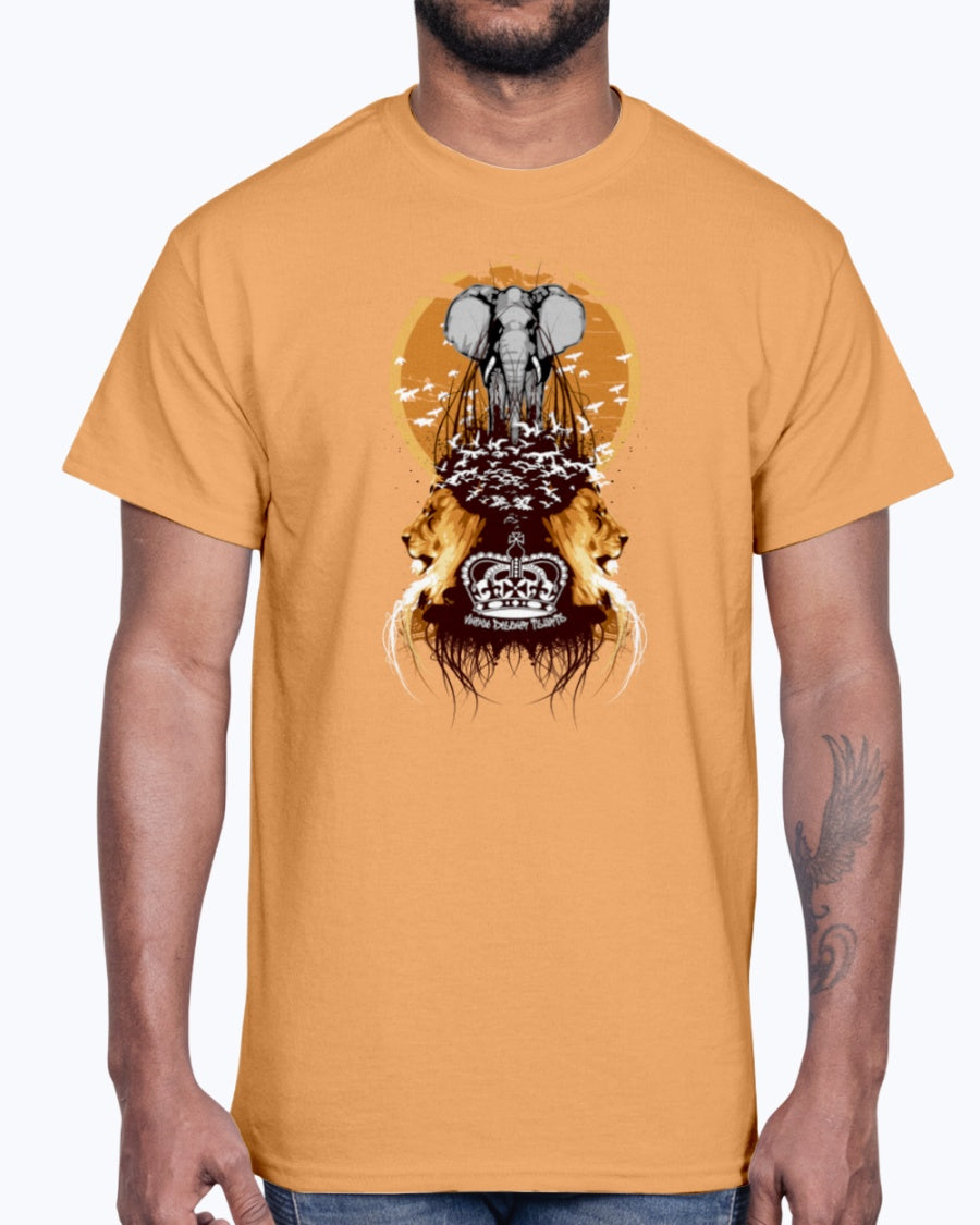 Men's Gildan Ultra Cotton T-Shirt Light coloros. White Elephant, Lions, and Birds Vintage Designer