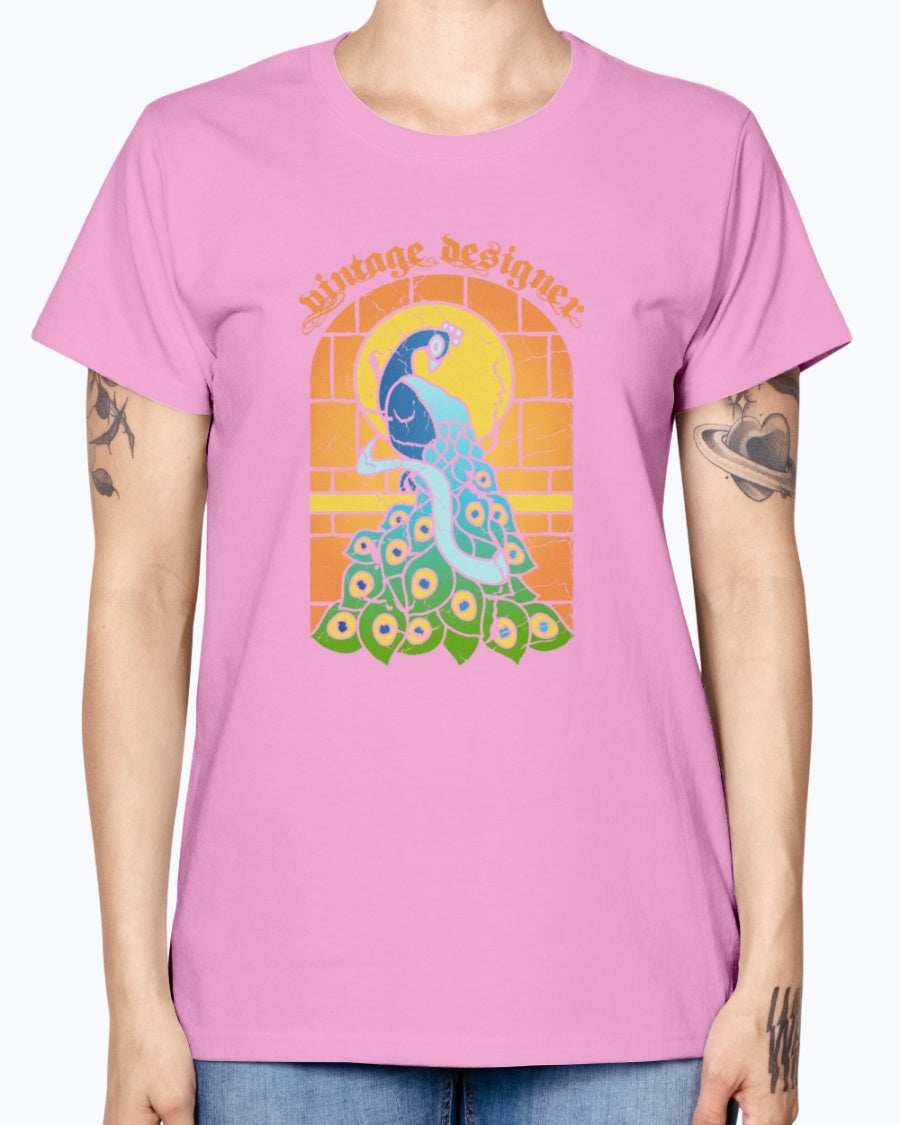 Gildan Ladies Missy T-Shirt 16 colors    Vintage Peacock Stained Glass Window