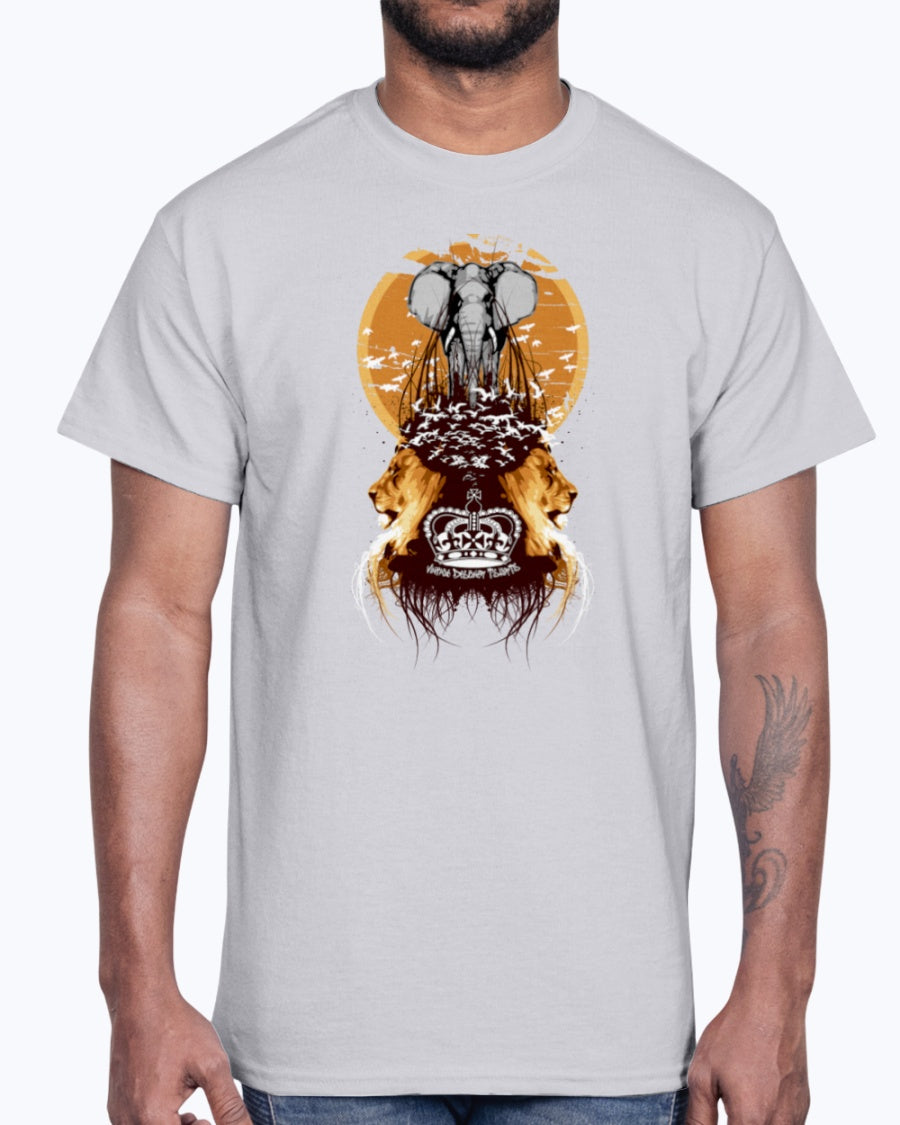 Men's Gildan Ultra Cotton T-Shirt Light coloros. White Elephant, Lions, and Birds Vintage Designer