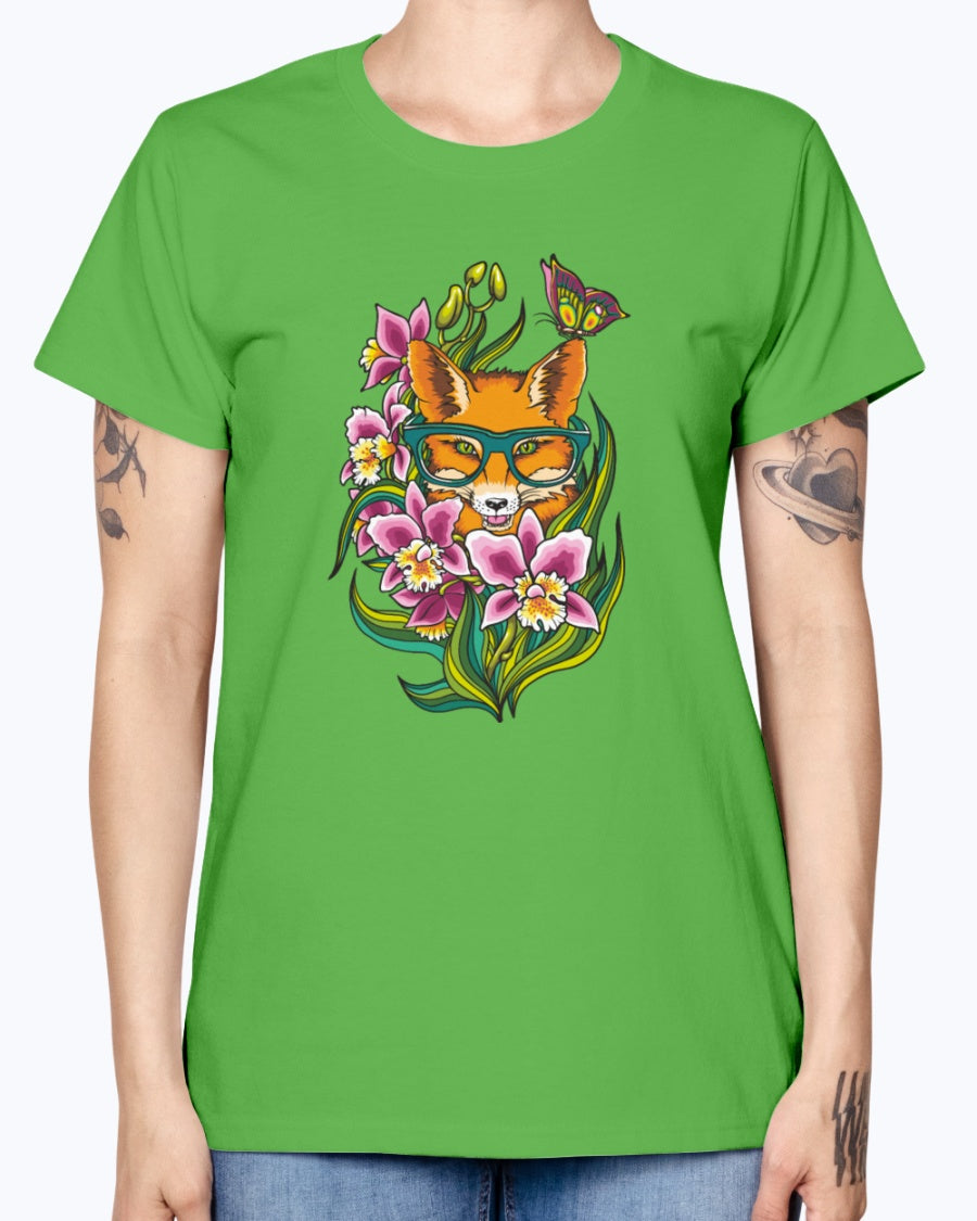 Gildan Ladies Missy T-Shirt 16 Light Colors       Fox in Glasses