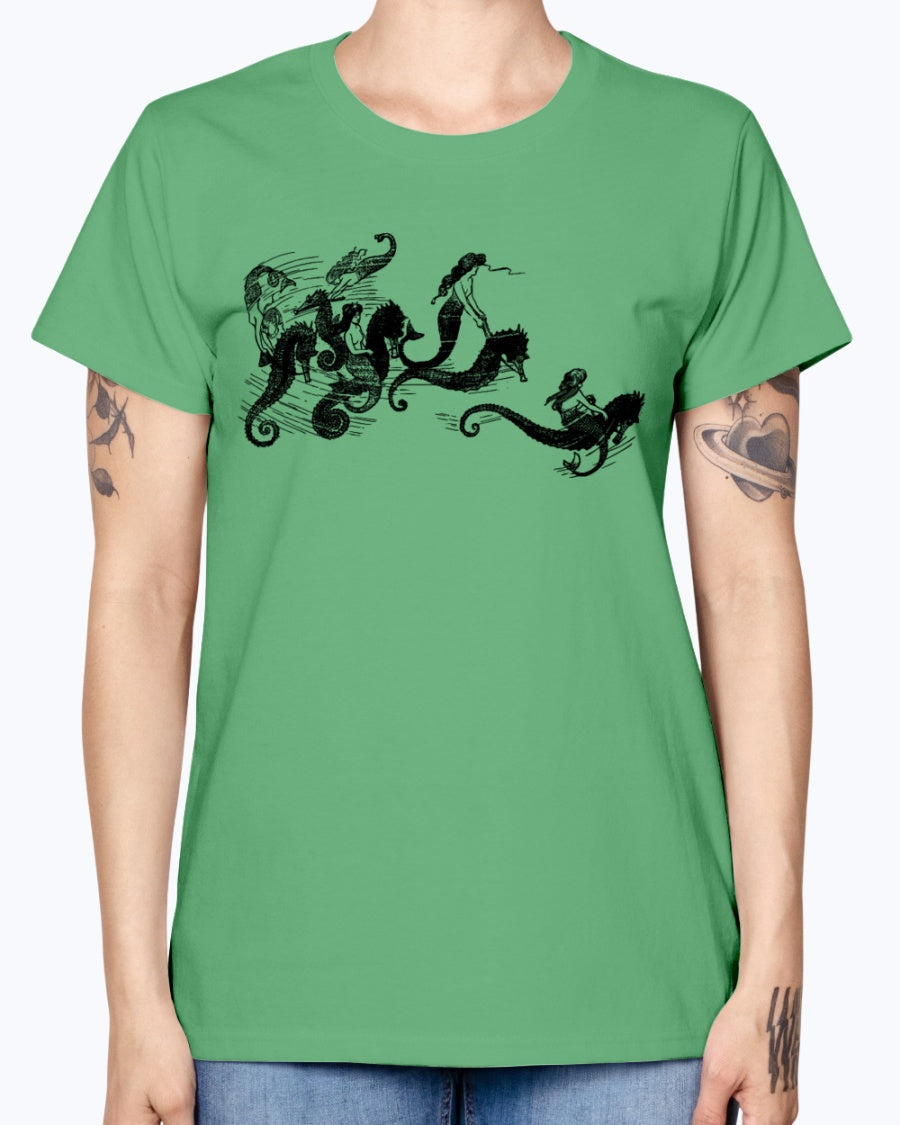 Gildan Ladies Missy T-Shirt   Mermaids and Seahorses