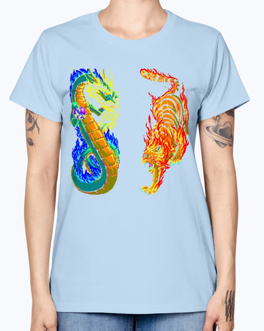 Gildan Ladies Missy T-Shirt 16 colors. Dragon vs Tiger