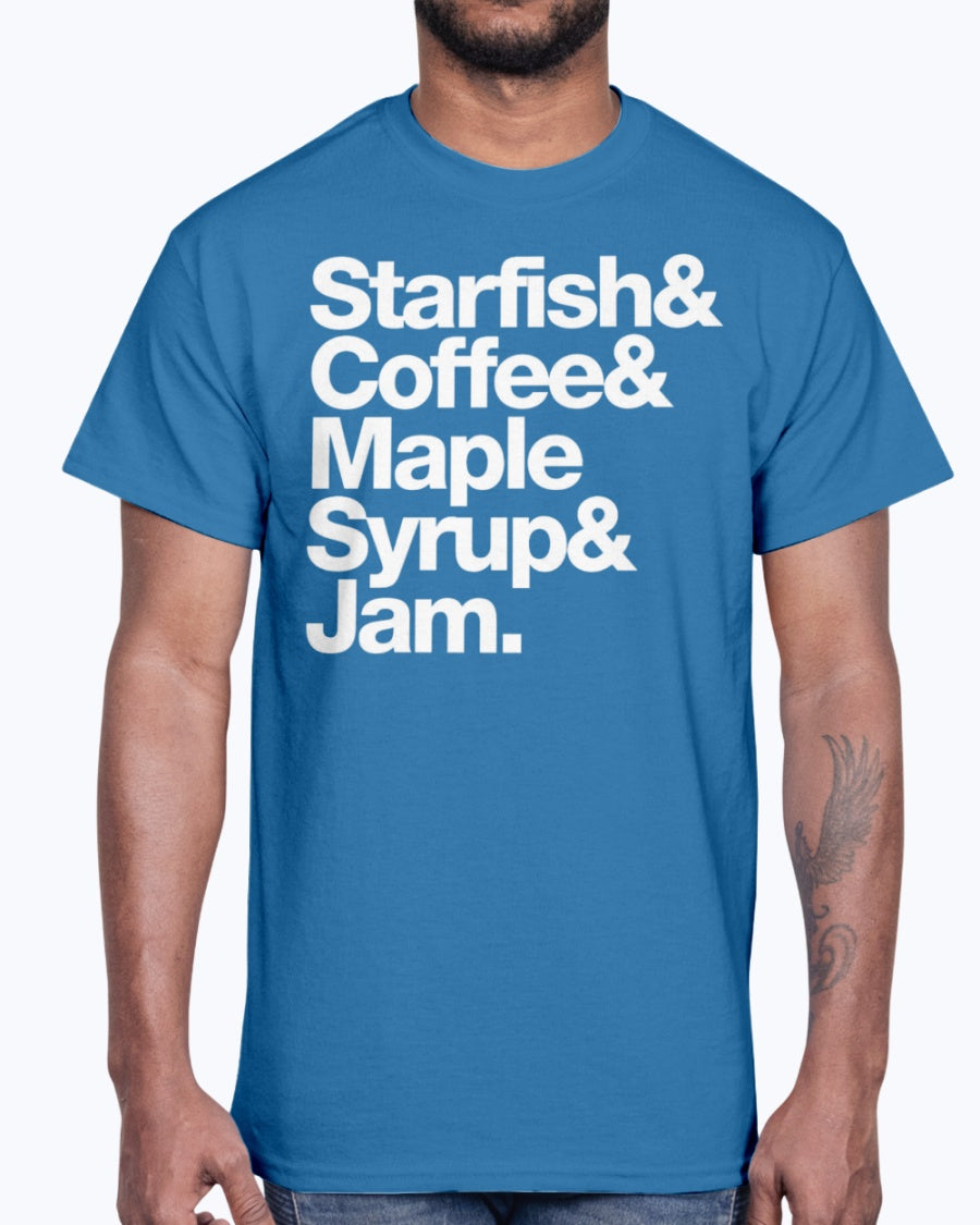 Men's Gildan Ultra Cotton T-Shirt . STARFISH COFFEE MAPLE SYRUP AND JAM