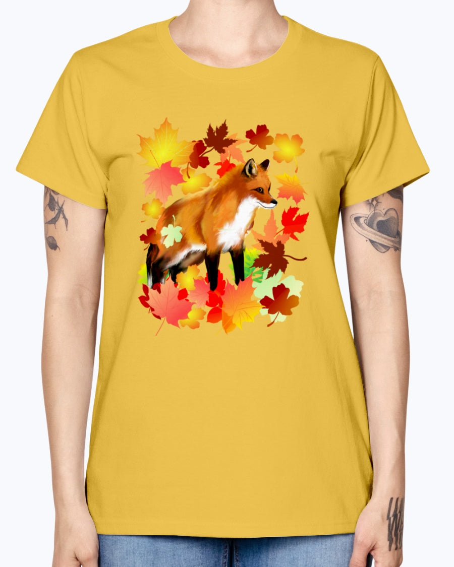 Gildan Ladies Missy T-Shirt 16 Light Colors       A FOX in FALL