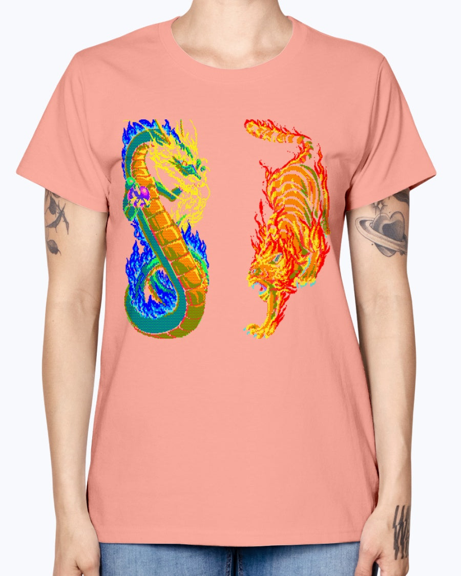 Gildan Ladies Missy T-Shirt 16 colors. Dragon vs Tiger