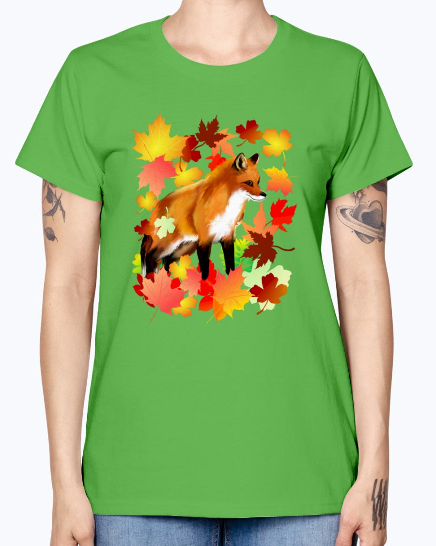 Gildan Ladies Missy T-Shirt 16 Light Colors       A FOX in FALL