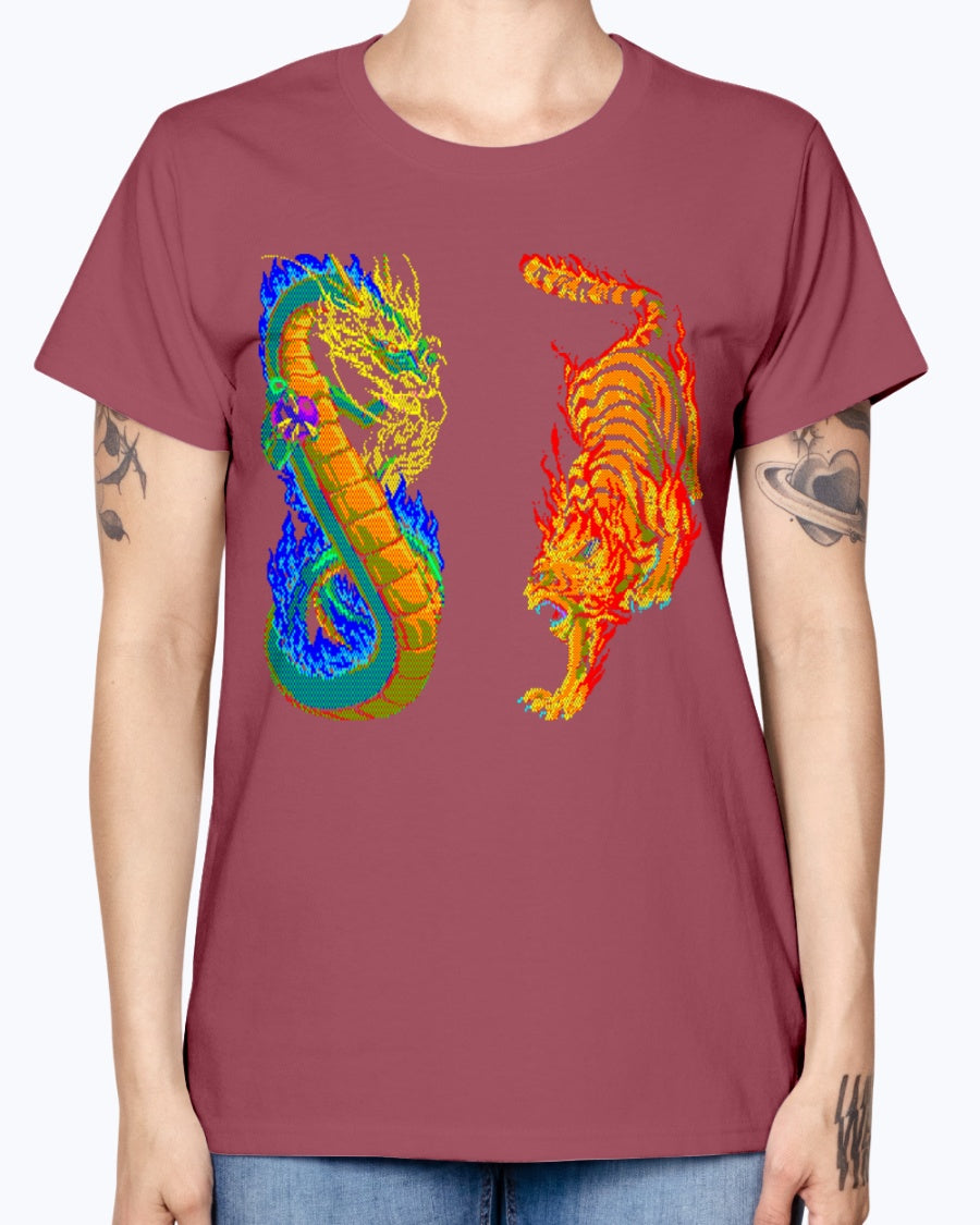 Gildan Ladies Missy T-Shirt 16 colors. Dragon vs Tiger