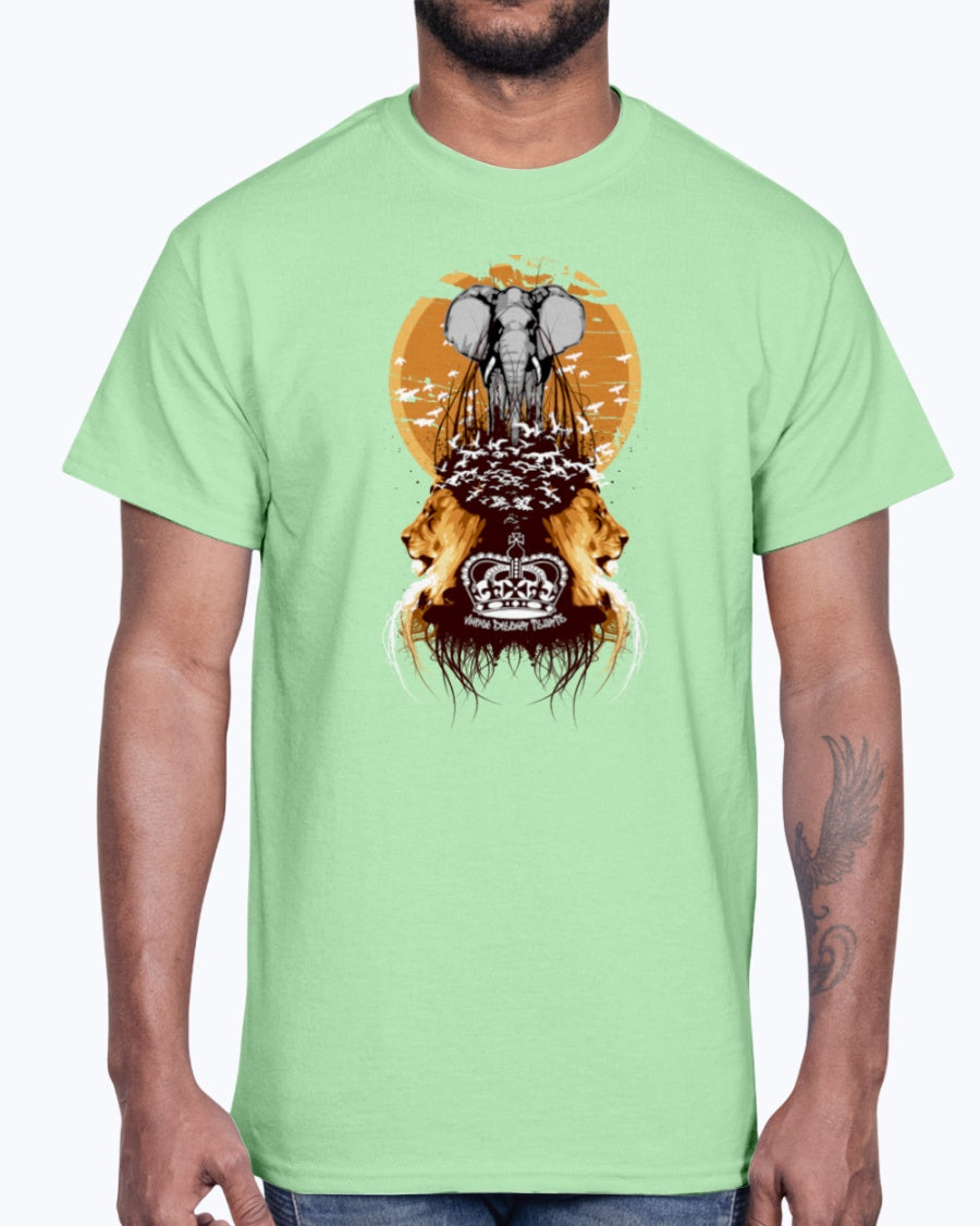 Men's Gildan Ultra Cotton T-Shirt Light coloros. White Elephant, Lions, and Birds Vintage Designer