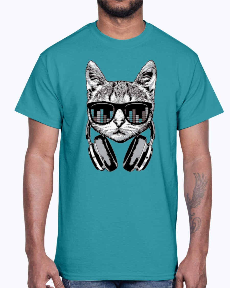 Men's Gildan Ultra Cotton T-Shirt     Headphones Cat Equalizer Glasses   (Mens)